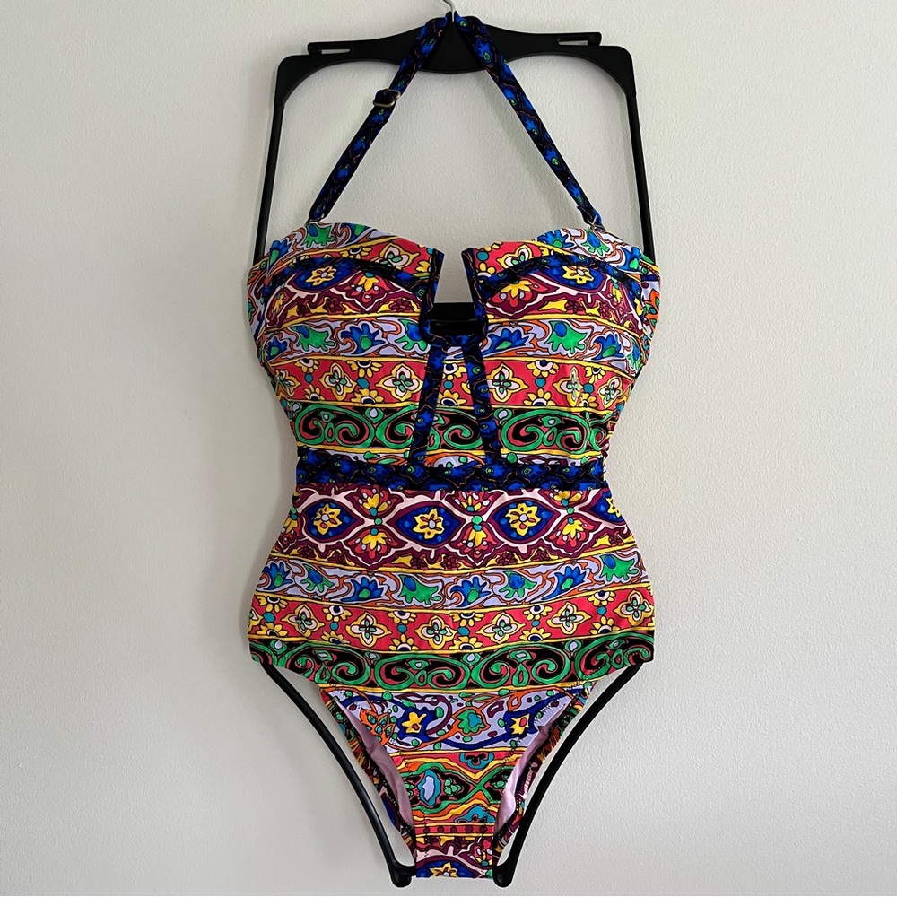 NWT Nanette Lepore Carnival One Piece Halter Bandeau Bustier Swimsuit Small